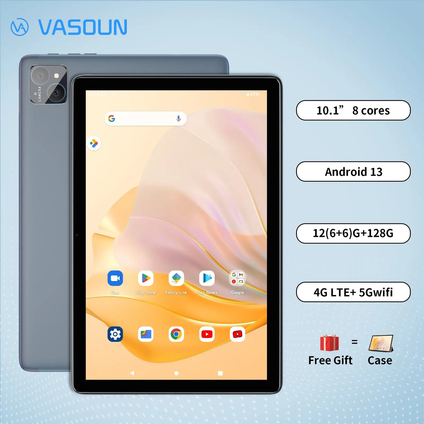 VASOUN Android 14 Tablet 10.1 ", 12GB(6 + 6 Expandir) RAM, 128GB ROM, Octa Core, Dual SIM 4G desbloqueado com 2.4G/5G WiFi GPS