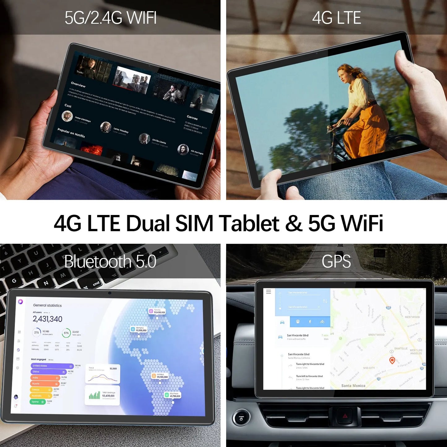 VASOUN Android 14 Tablet 10.1 ", 12GB(6 + 6 Expandir) RAM, 128GB ROM, Octa Core, Dual SIM 4G desbloqueado com 2.4G/5G WiFi GPS