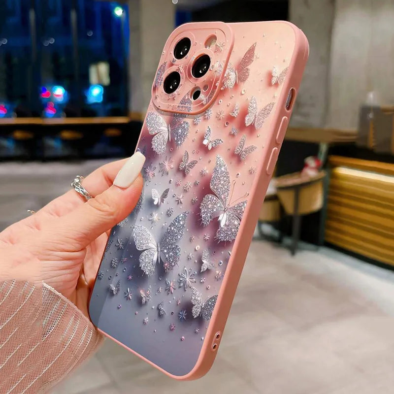 Capa de telefone à prova de choque com design borboleta e floral para iPhone 11 12 13 14 15 16 17 Air Pro Max 16E XR XS X 7 8 Plus SE2 Capa fosca
