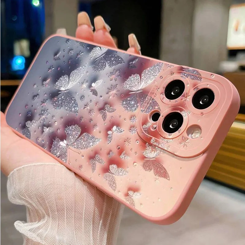 Capa de telefone à prova de choque com design borboleta e floral para iPhone 11 12 13 14 15 16 17 Air Pro Max 16E XR XS X 7 8 Plus SE2 Capa fosca