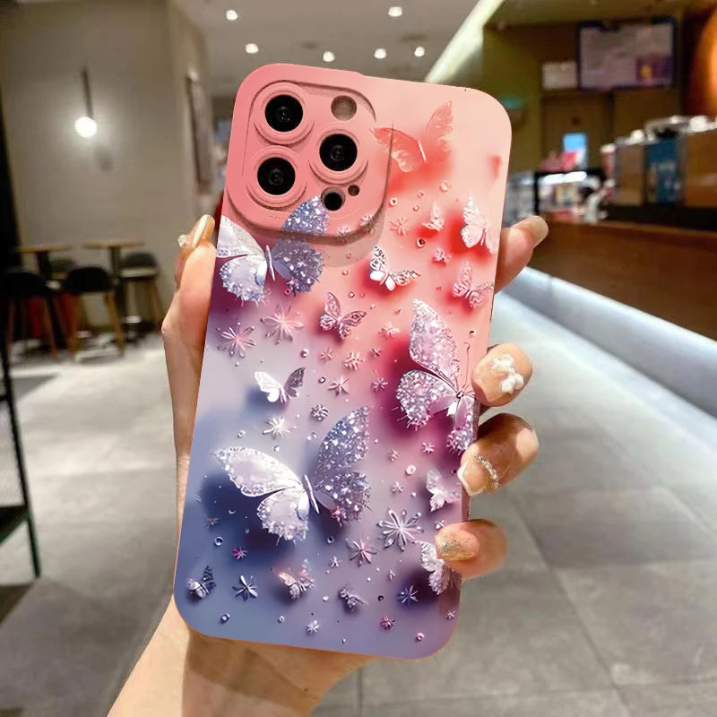 Capa de telefone à prova de choque com design borboleta e floral para iPhone 11 12 13 14 15 16 17 Air Pro Max 16E XR XS X 7 8 Plus SE2 Capa fosca