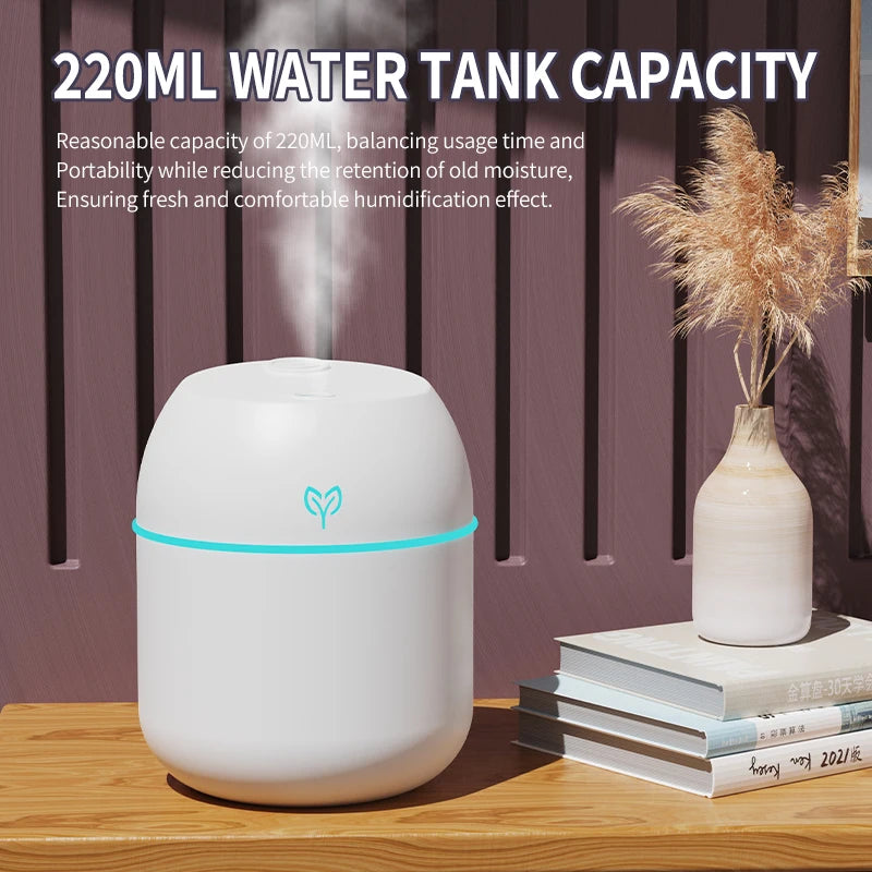 Umidificador de ar usb com grande quantidade de neblina, 220ml, pequeno umidificador de mesa, casa, carro inteligente, máquina de aromatização