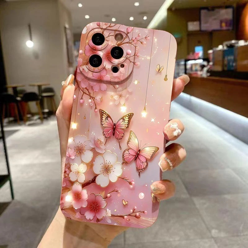 Capa de telefone à prova de choque com design borboleta e floral para iPhone 11 12 13 14 15 16 17 Air Pro Max 16E XR XS X 7 8 Plus SE2 Capa fosca