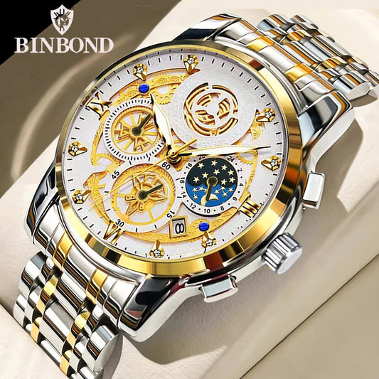 Binbond b4010 moda casual quartzo relógio masculino pulseira de aço inoxidável mostrador luxo luminoso 30m à prova dwaterproof água relógio de pulso masculino negócios
