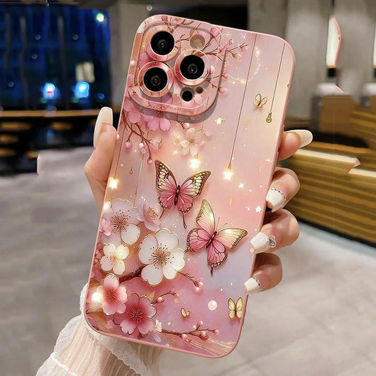 Capa de telefone à prova de choque com design borboleta e floral para iPhone 11 12 13 14 15 16 17 Air Pro Max 16E XR XS X 7 8 Plus SE2 Capa fosca