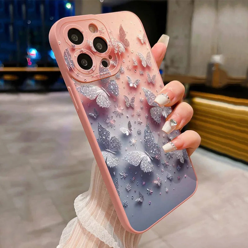 Capa de telefone à prova de choque com design borboleta e floral para iPhone 11 12 13 14 15 16 17 Air Pro Max 16E XR XS X 7 8 Plus SE2 Capa fosca