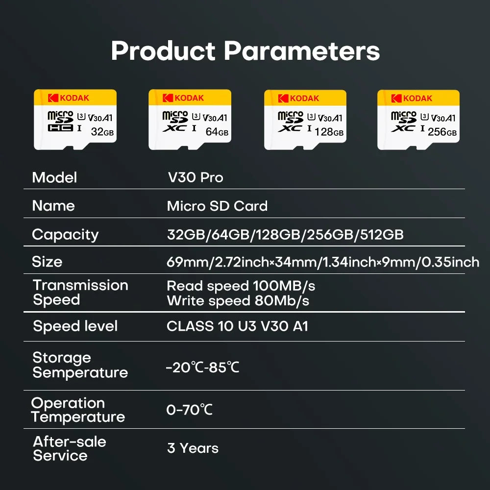 Kodak mini cartão de memória sd 256gb 128gb 64gb 32gb u3 v30 4k full hd micro tf cartão de memória flash para telefone/computador/câmera