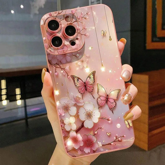 Capa de telefone à prova de choque com design borboleta e floral para iPhone 11 12 13 14 15 16 17 Air Pro Max 16E XR XS X 7 8 Plus SE2 Capa fosca