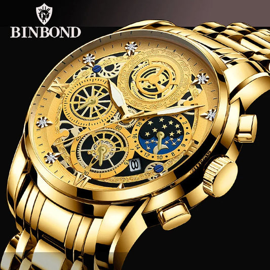 Binbond b4010 moda casual quartzo relógio masculino pulseira de aço inoxidável mostrador luxo luminoso 30m à prova dwaterproof água relógio de pulso masculino negócios